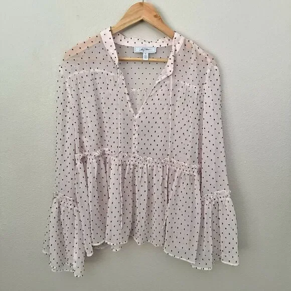 LIBBY EDELMAN | Sheer Ruffle Sleeve Blouse Polka Dot Blush Pink Black | Size XL - Picture 2 of 6